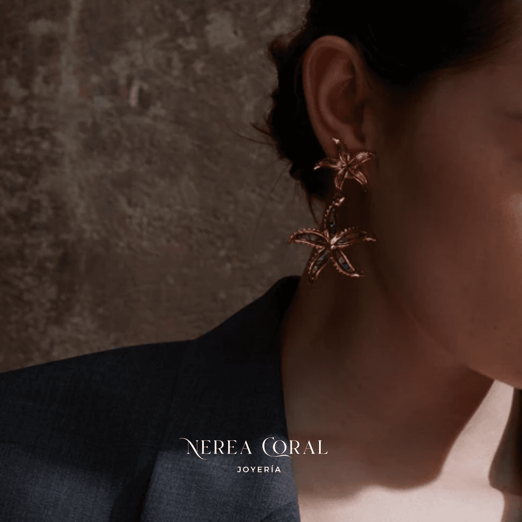 aretes colgantes de ESTRELLA DE MAR dorada concha nacar acero inoxidable guatemala