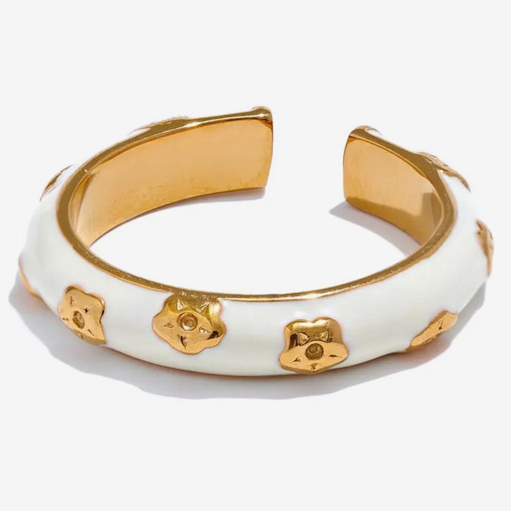 Anillo blanco, con flores y soles acero inoxidable